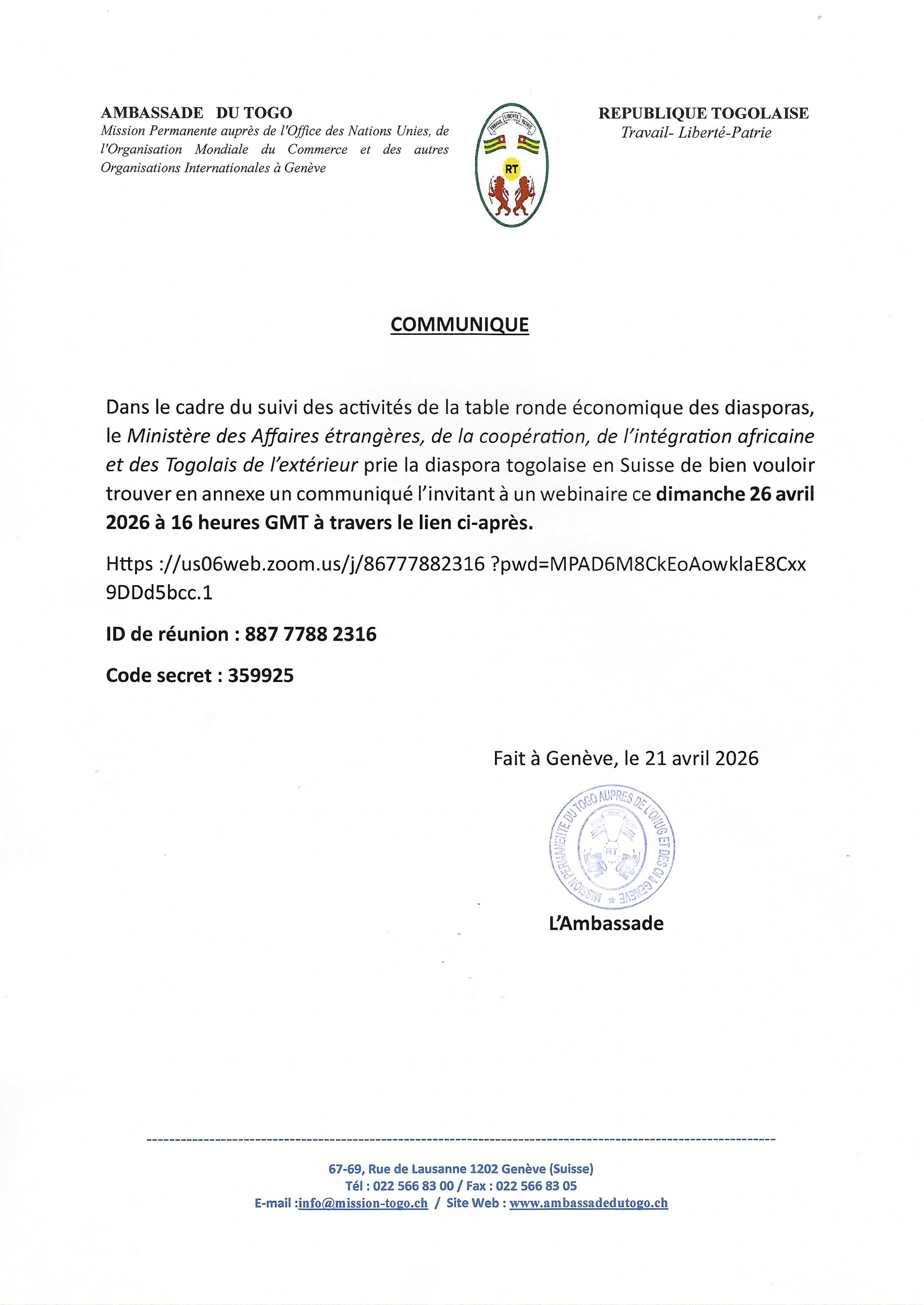 Webinaire ce dimanche 26 avril 2026 à 16 heures GMT